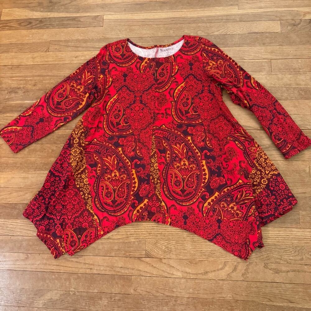 Roaman's red gold paisley a-line long sleeve tunic mini dress size 14
 b32
